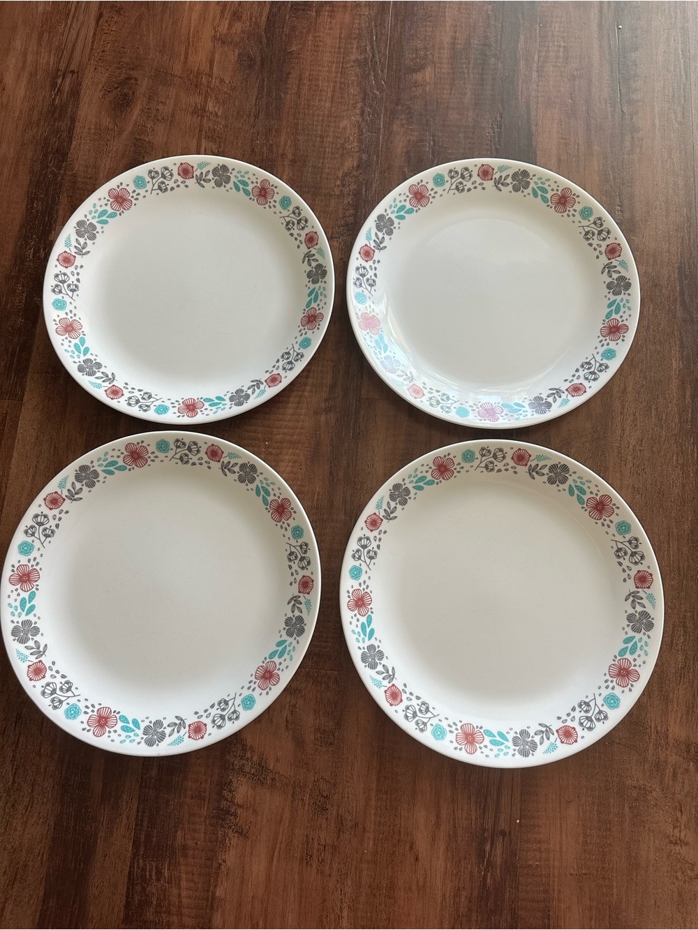 Corelle Nordic Bloom Dinner Plates with Pink and Teal Floral Border set of 4